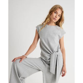 Grey Short Sleeve Pinstripe Tie Detail Top