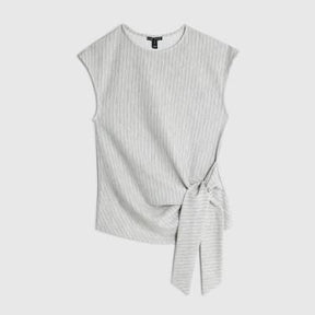 Grey Short Sleeve Pinstripe Tie Detail Top