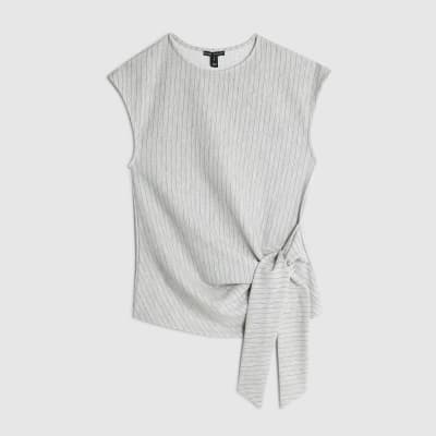 Grey Short Sleeve Pinstripe Tie Detail Top