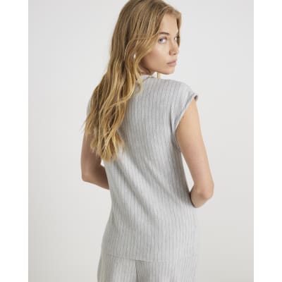 Grey Short Sleeve Pinstripe Tie Detail Top
