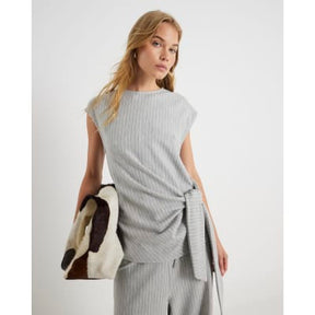 Grey Short Sleeve Pinstripe Tie Detail Top