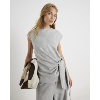 Grey Short Sleeve Pinstripe Tie Detail Top