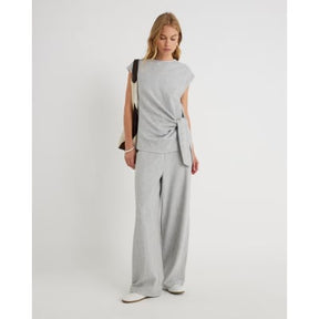 Grey Short Sleeve Pinstripe Tie Detail Top