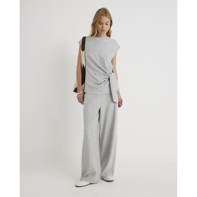 Grey Short Sleeve Pinstripe Tie Detail Top