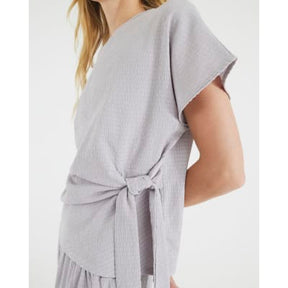 Grey Short Sleeve Textured Tie Waist T-shirt