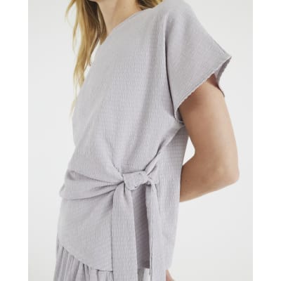 Grey Short Sleeve Textured Tie Waist T-shirt