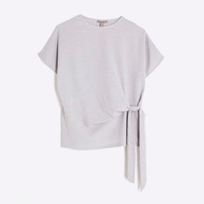 Grey Short Sleeve Textured Tie Waist T-shirt