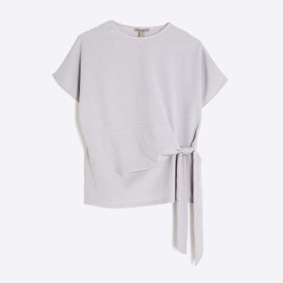 Grey Short Sleeve Textured Tie Waist T-shirt