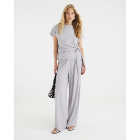Grey Short Sleeve Textured Tie Waist T-shirt
