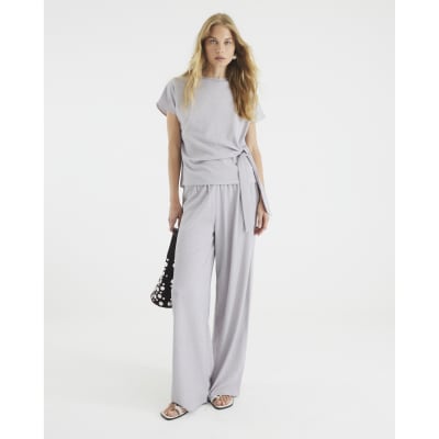 Grey Short Sleeve Textured Tie Waist T-shirt