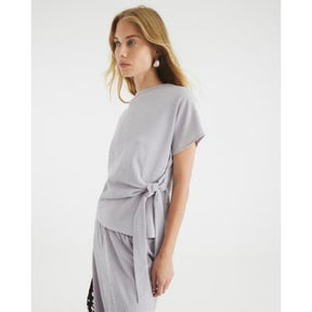 Grey Short Sleeve Textured Tie Waist T-shirt
