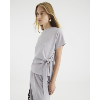Grey Short Sleeve Textured Tie Waist T-shirt