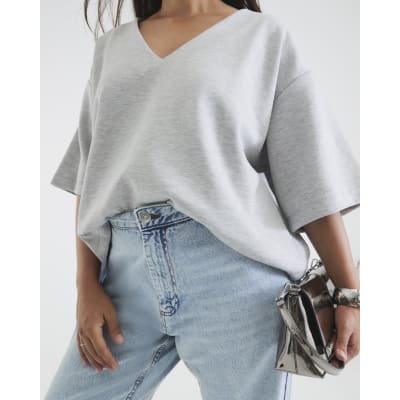 Grey Short Sleeve V Neck T-shirt