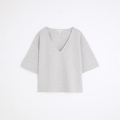Grey Short Sleeve V Neck T-shirt