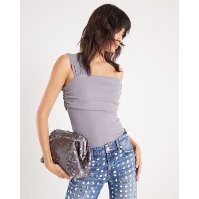 Grey Sleeveless Asymmetric Drape Top