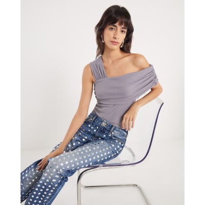 Grey Sleeveless Asymmetric Drape Top