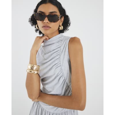 Grey Sleeveless Gathered Midi Dress
