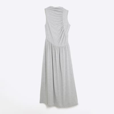 Grey Sleeveless Gathered Midi Dress