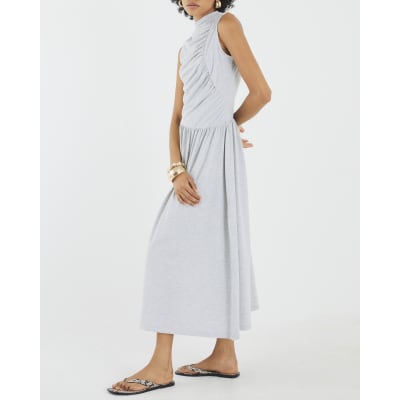Grey Sleeveless Gathered Midi Dress
