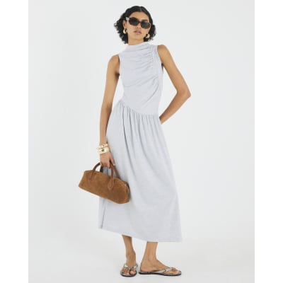 Grey Sleeveless Gathered Midi Dress