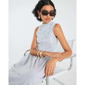 Grey Sleeveless Gathered Midi Dress