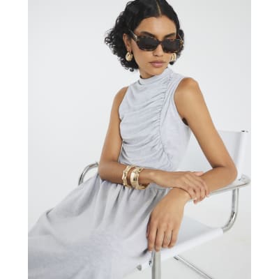 Grey Sleeveless Gathered Midi Dress
