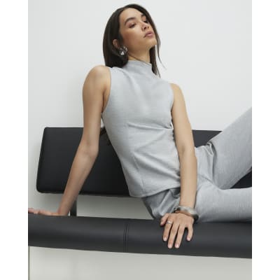 Grey Sleeveless Interlock High Neck Top