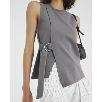 Grey Sleeveless Jacquard Ring Tie Tunic Top