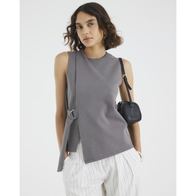 Grey Sleeveless Jacquard Ring Tie Tunic Top