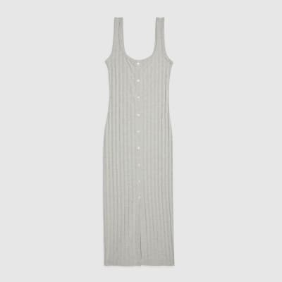 Grey Sleeveless Ribbed Button Midi Dress