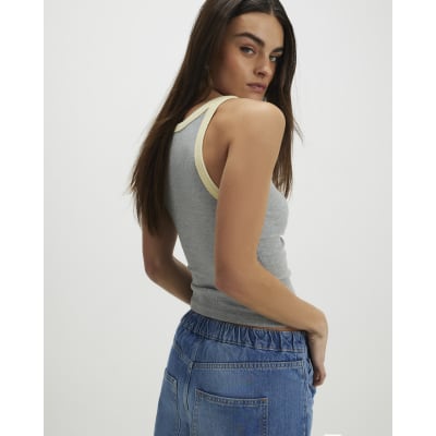 Grey Sleeveless Ribbed Tipped Tank Top
