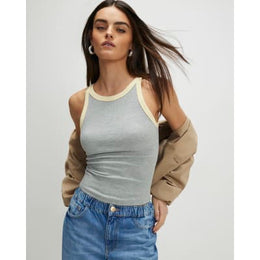 Grey Sleeveless Ribbed Tipped Tank Top