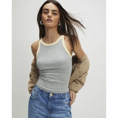 Grey Sleeveless Ribbed Tipped Tank Top
