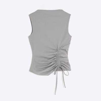 Grey Sleeveless Ruched Tie Detail Top