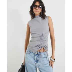 Grey Sleeveless Ruched Tie Detail Top