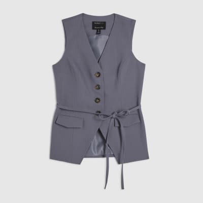 Grey Sleeveless Tie Detail Waistcoat