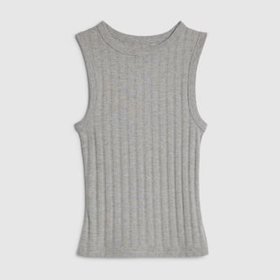 Grey Sleeveless Wide Ribbed Tank Top