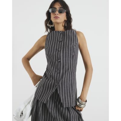 Grey Stripe High Neck Waistcoat