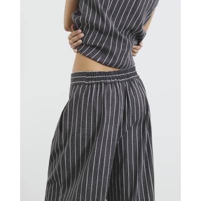 Grey Striped Wide Leg Trousers