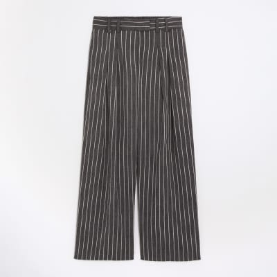 Grey Striped Wide Leg Trousers