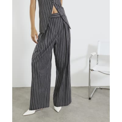 Grey Striped Wide Leg Trousers