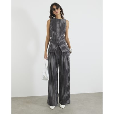 Grey Striped Wide Leg Trousers