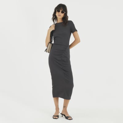 Grey Textured Drape Midi Dress