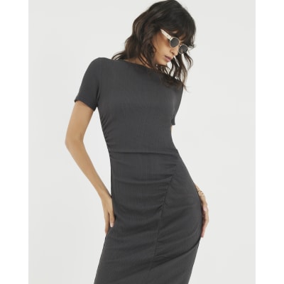 Grey Textured Drape Midi Dress