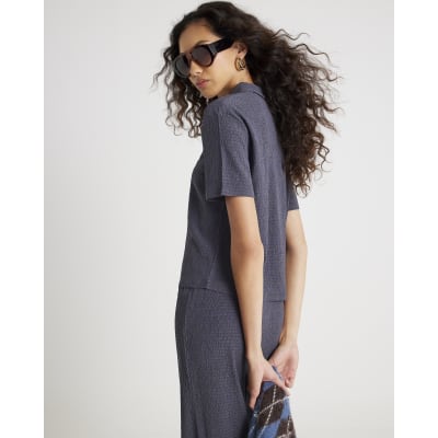 Grey Textured Short Sleeve Polo Top