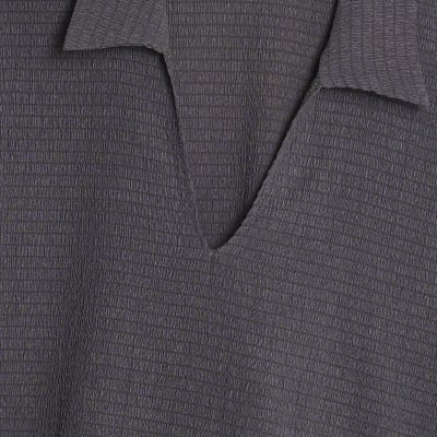 Grey Textured Short Sleeve Polo Top