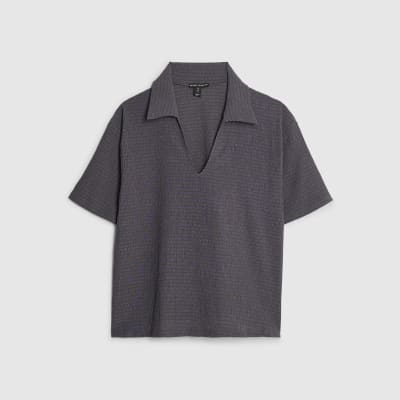 Grey Textured Short Sleeve Polo Top