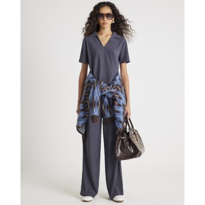 Grey Textured Short Sleeve Polo Top