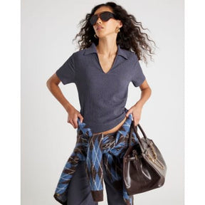 Grey Textured Short Sleeve Polo Top