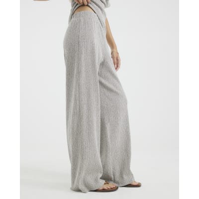 Grey Textured Wide Leg Trousers